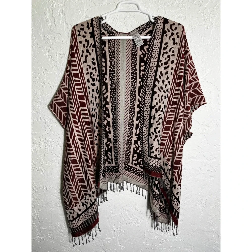 Chicos Womens One Size Animal Print Fringe Ruana Wrap Kimono‎ Cardigan Burgundy